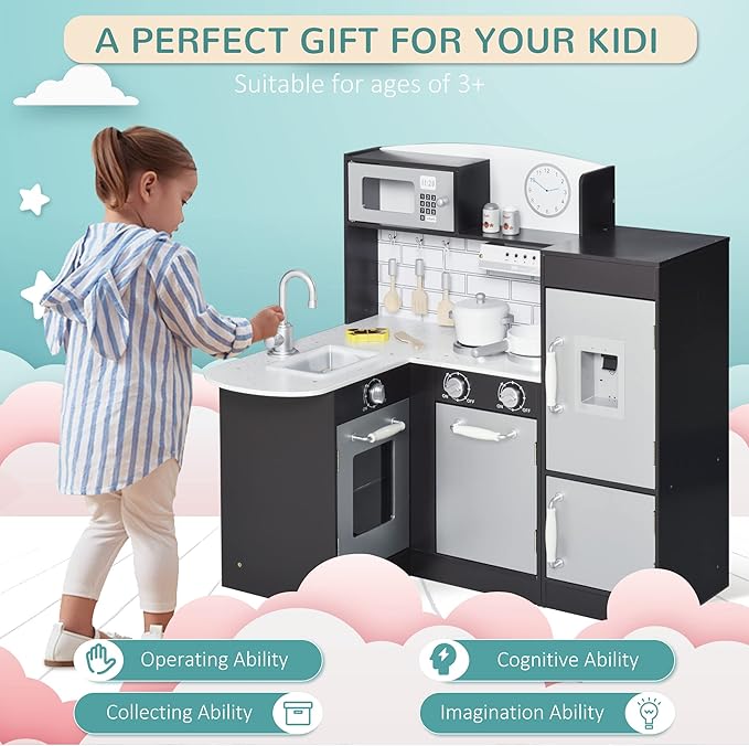 Qaba Corner Kids Kitchen Playset, Wooden Pretend Toy Kitchen Set with Drinking Fountain, Microwave, Fridge and Accessories, Pretend Play Kitchen for 3+ Years, Black