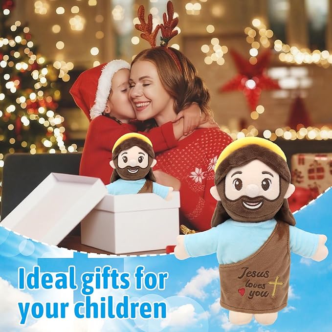 Jesus Plush 10", Jesus Plush Stuffed Doll with Halo, White-Skinned Big-Eyed Cute Plushie Gifts for Kids, Christian Stuff Religious Party Toys for Church Easter Christmas Baptisms Favors