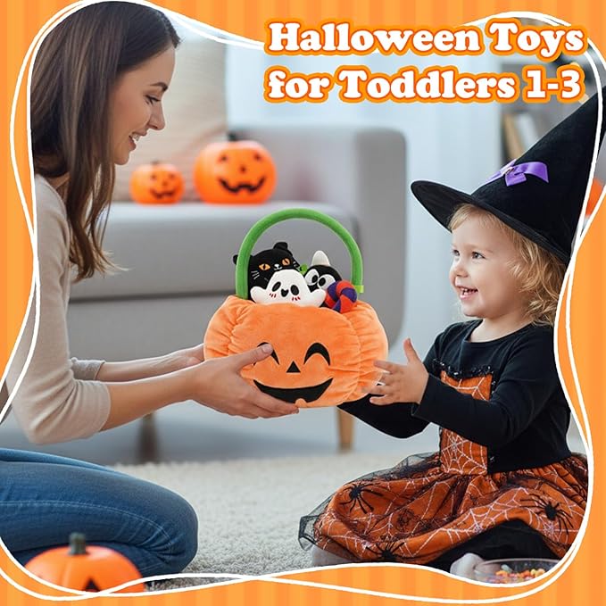 My First Halloween Baby Toys, Cute Pumpkin Stuffed Animal with Ghost Spider Black Cat Candy Corn Plush Toys for Baby Boys Girls, Halloween Plush Gifts Basket Party Favors for Kids Babies Toddlers
