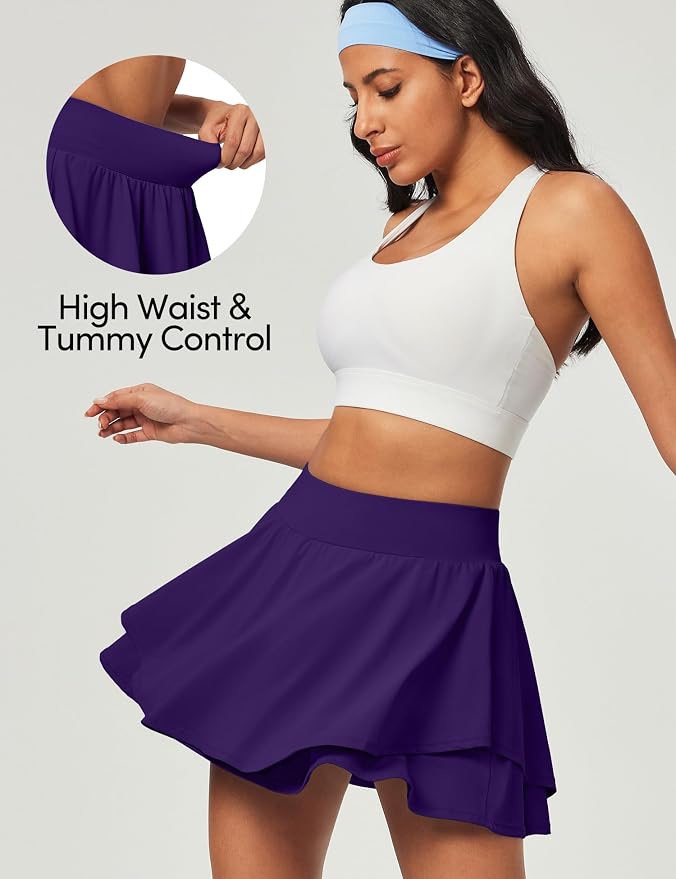 IUGA Tennis Skirt Pleated Skorts for Women with Pockets Skirts for Women | Double Ruffle Skort , Built-In Shorts, 2 Pockets, Tummy Control Breathable, Quick-dry, for Golf, Athletic, Running, Workout