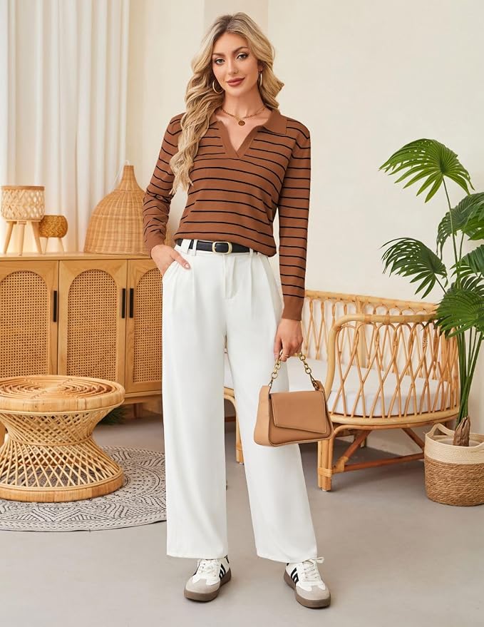 Women's Long Sleeve Classic V Neck Casual Fall Winter Polo Sweater Tops | Basic Collared Knitted Fashion Work Business Formal Daily Wear Versatile Pullover Shirts