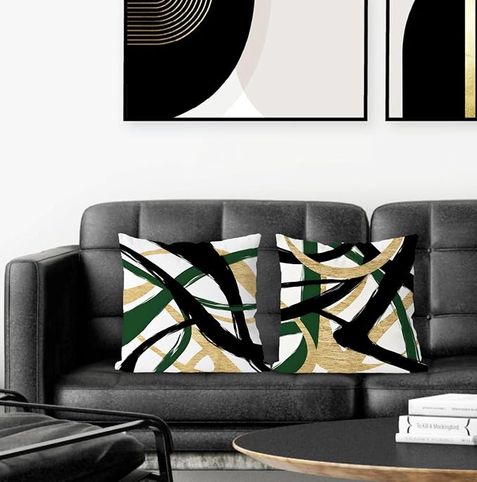Black Gold Green Pillow Covers, Abstract Black and Gold Pillow Covers 18x18 Set of 2, Modern Boho Decorative Throw Pillows Cover for Couch Bed Living Room