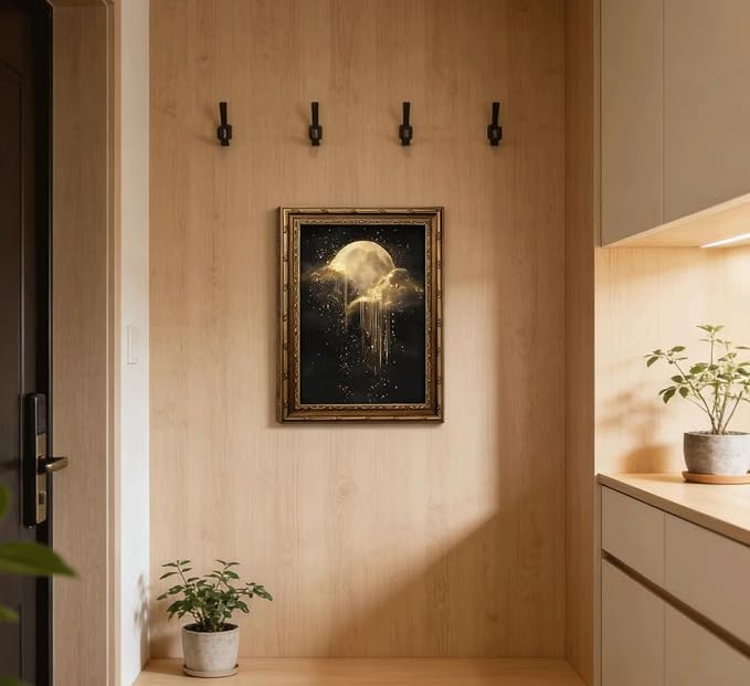 Vintage Gold Framed Golden Moon Celestial Wall Art,Moody Celestial Painting Canvas Print,Glittering Golden Rain & Sparkling Stars Wall Decor,Gothic Night Sky Stars Artwork,for Bedroom Living Room Bathroom