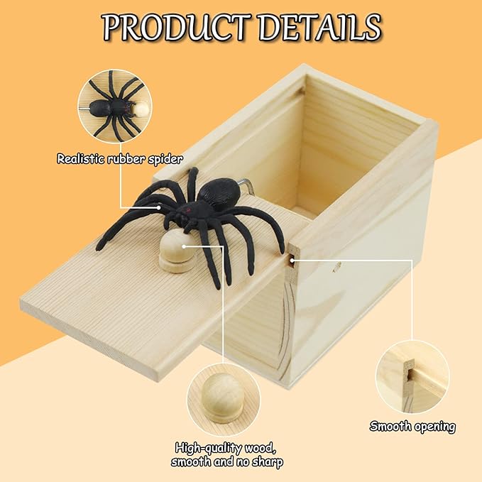 Gooswexmzl Spider Scare Prank Box, Pop Out Rubber Spider Handmade Wooden Scare Box, Fun Surprise Joke Toy, Practical Toy for Kids Adults