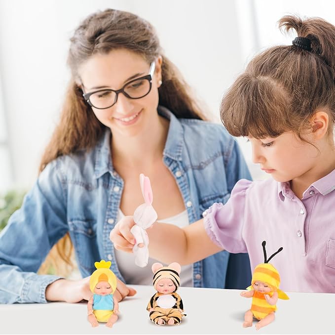 Hanaive 4 Pcs 4 Inch Mini Baby Dolls Lifelike Realistic Baby Dolls Animal Clothes Cute Tiny Gifts for Kids Birthday Party(Vivid Style)