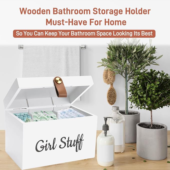 Wooden Girl Stuff Tampon Holder Box with Lid and Copper Leather Pull, Modern Bathroom Decorative Box for Feminine Product Storage and Accessories such as Tampons, Cotton Balls, Wipes, Gifts for Women