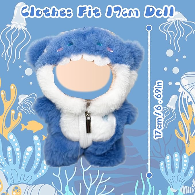 3 Pcs Handmade Clothes and Accessories for 17 cm Dolls Including 1 Shark Jumpsuit with Zipper 1 Glasses 1 Camera Pendant Premium Stylish Doll Clothes Replacement Present for Girls (NO Doll) Blue