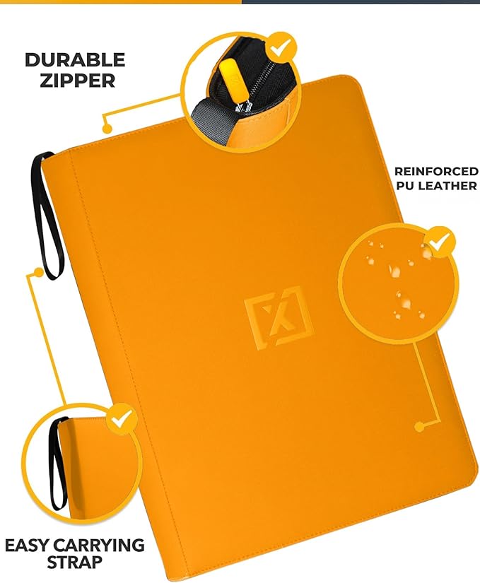 X PRO 1000+ Card Binder - Comes with 200 Card Sleeves | Compatible with TCG, Sports, MTG & More - Ringless Trading Card Binder | 1000 Pockets (Orange)