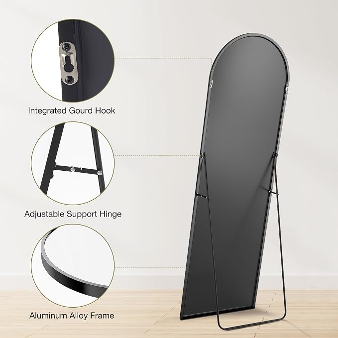 OLIXIS 64"x21.5" Arched Full Length Mirror with Stand, Body Mirror | Shatter-Proof Glass, Hanging or Leaning for Wall, Floor Standing, Bedroom Living Room, Long, Black