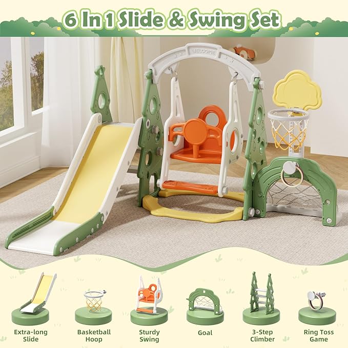 KORIMEFA 6-in-1 Kids Slide and Swing Set, Toddler Slide with Basketball Hoop, Swing, Outdoor Indoor Playground for Toddlers 1-3 Pine Shape Design(6 in1-Green)