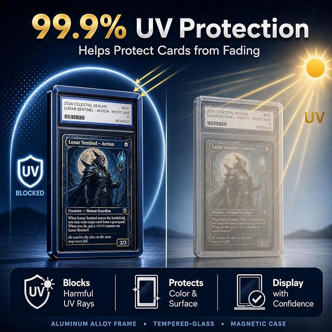 Magenetic Trading Card Slab Protector - Premium Aluminum Graded Card Showcase, Graded Slab Protector with UV-Resistant Tempered Glass, Personalized Slab Bumper for Collectors, Dark Blue