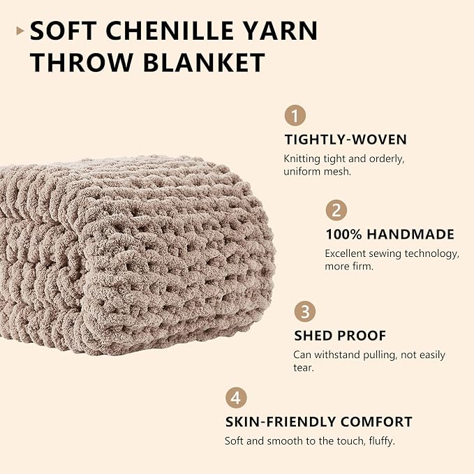 L'AGRATY Chunky Knit Throw Blanket for Couch, 50 x 60 Inches, Light Taupe | Handmade Chenille Crochet Blanket for Sofa Bed, Thick Cable Knitted Blankets for Room Home Decor, Birthday Gift for Women Mom