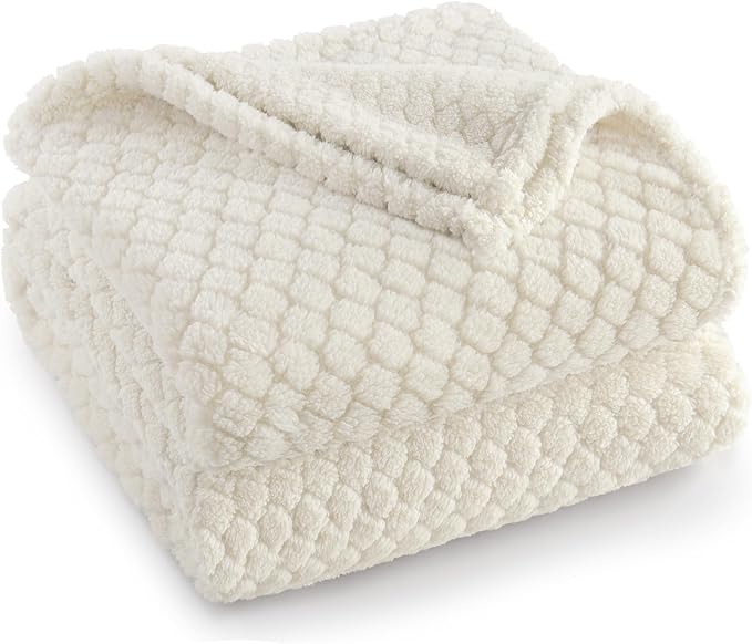Exclusivo Mezcla Soft Fleece King Size Blanket for Bed, Ivory | Jacquard Lightweight Cozy Bed Blanket, Breathable Decorative Fuzzy Textured All Season Use, 90x104 Inches