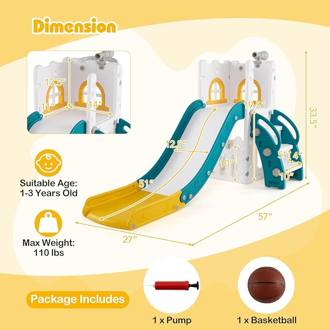 BABY JOY Toddler Slide, 6-in-1 Indoor Kids Slide Playset with Basketball Hoop, Telescope, Climbing Ladder & Storage Space, Freestanding Playhouse & Climber for Kids Aged 1-3 (Yellow)