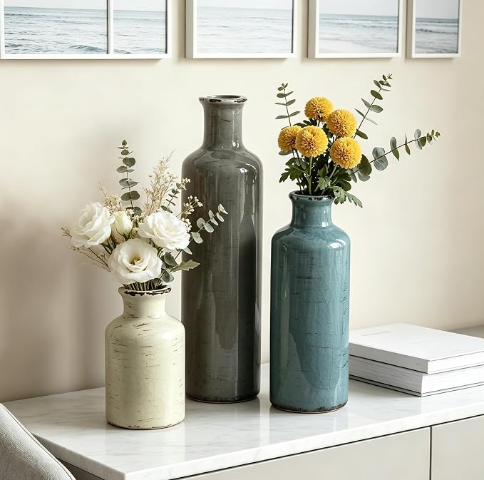 CUCUMI Ceramic Vases Set of 3, Rustic Vintage Vases Coastal Home Decor | Farmhouse Flower Vases Decor for Shelves, Ocean Beach Style, Mantle, Fireplace, Coffee Table, Shelf Decorations
