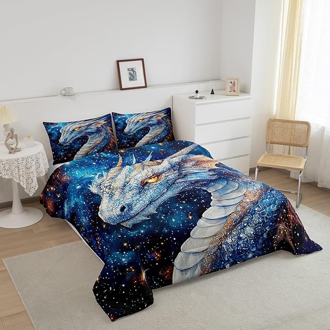 Feelyou Dragon Comforter Set King Size Dragon Stuff Comforter for Boys Girls Teens Wild Life Bedding Set Dragon Decor Duvet Set Room Decor Blue Quilt Set