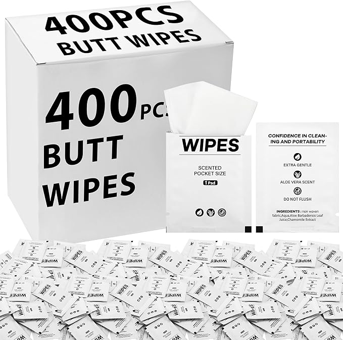 400 Pcs Butt Wet Wipes for Women Individually Wrapped Wipes for Women Man Travel Hand Face Body Cleaning Adults Bathroom Toilet Daily Use(White)