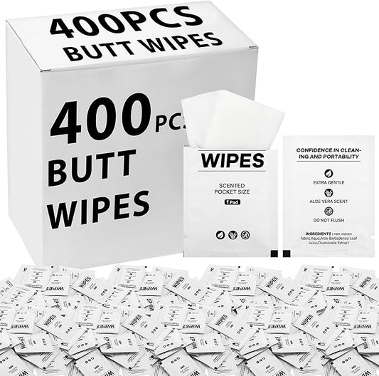 400 Pcs Butt Wet Wipes for Women Individually Wrapped Wipes for Women Man Travel Hand Face Body Cleaning Adults Bathroom Toilet Daily Use(White)
