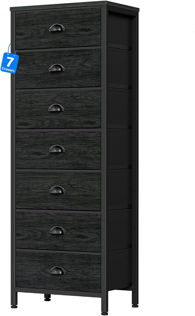 Black Bedroom Dresser, Tall Chests of Drawers with 7 Fabric Bins | Sturdy Steel Frame, Wooden Top, Organizer in Closet, Tall Nightstand for Dorm, Living Room, Hallyway-Storage Tower Unit