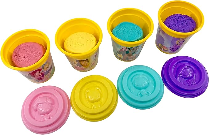 CRA-Z-Art Disney Princess 4 Pack Softee Dough with Princess Character Molds on Each Lid Ariel, Belle, Moana and Rapunzel, and Includes Bonus Glitter Dough, Creative Play Dough Gift, Ages 3 and Up