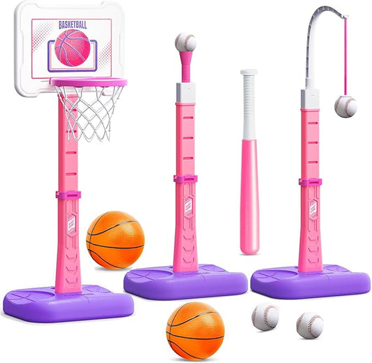 3 in 1 Kids Basketball Hoop and T Ball Set, Adjustable Height Toddler Basketball Hoop, Hanging Tee Baseball, Indoor Outdoor Sports Toys Gifts for Toddlers Boys Girls Ages 3 4 5 Year（Blue