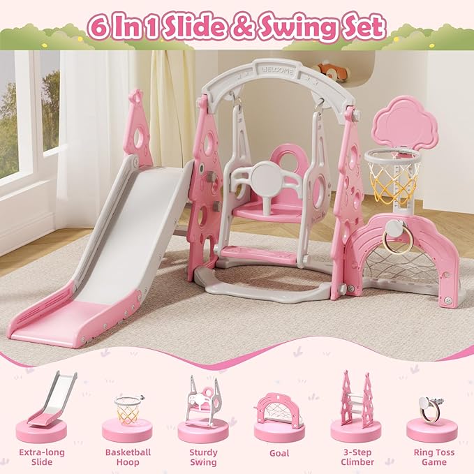 KORIMEFA 6-in-1 Kids Slide and Swing Set, Toddler Slide with Basketball Hoop, Swing, Outdoor Indoor Playground for Toddlers 1-3 Pine Shape Design(6 in1-Pink)