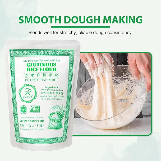 Soeos Glutinous Rice Flour 32 Ounce (Basic), Rice Flour for Baking or Cooking, All Natural White Rice Flour, Vegan, Gluten-Free