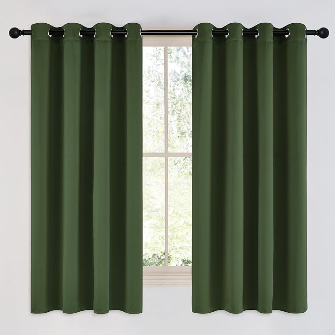 NICETOWN Dark Green Curtains for Bedroom, Grommet Blackout Window Treatments Faux Silk Room Darkening Thermal Window Treatments for Kids Room, 2 Panels, W52 x L63