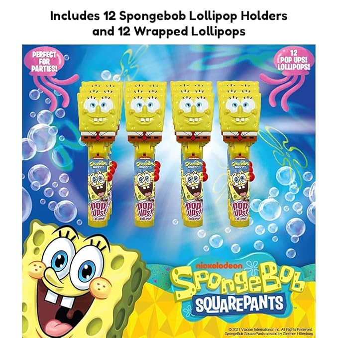 Pop Ups! Spongebob Squarepants Lollipop Holder | Collectable Spongebob Lollipop Case | Stocking Stuffers, Party Favors for Goodie Bags, Piñata Candy, Game Prizes | Bulk Set of 12 | Lollipops Included