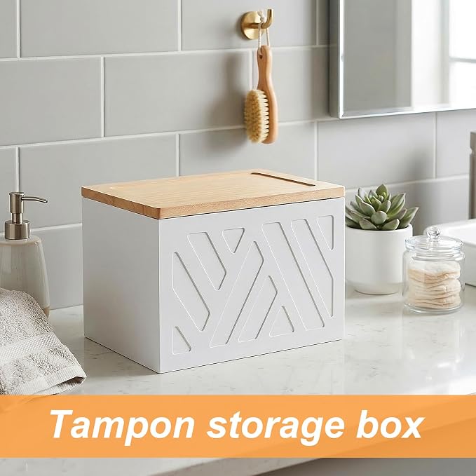 Tampon Holder for Bathroom, Feminine Products Organizer with Lid Wooden Shark Week Tampon Storage for Bathroom, Bedroom, Toilet (White)