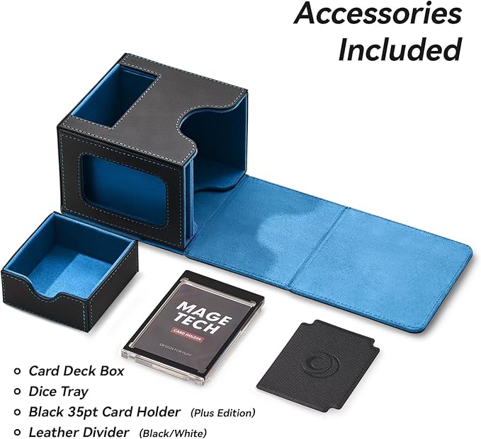 Mage Tech Card Deck Box for MTG Commander - Patented Design, Commander Display, Fits 100 Double-Sleeved Cards, 35pt Card Brick & Dice Tray - Black/Blue