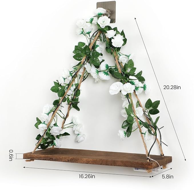 Floating Shelves for Wall,Hanging Shelves,Room Decor,Wall Decor,Boho Decor | Floating Shelves No Drill,Trinket Shelf,Cottage Core Wall Decor,2-Pack Shelf Set Includes Artificial White Rose & LED Lights
