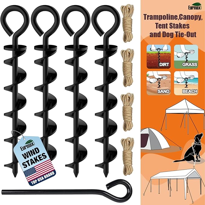Eurmax USA 4 Pack Heavy Duty Ground Stakes,Industrial Grade Spiral Steel Screw-In Anchors with 4 Bonus Tie-Down Ropes,High Wind Stabilizing Kit for Trampolines,Dog Tie-Out,Canopies,Outdoor Sheds,Black
