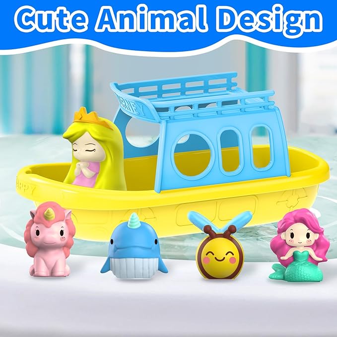 Oriate Mermaid Princess Finger Puppets Bath Toys(5 PCS) for Kids Toddlers 1-3 with Bath Boat, Baby Bathtub Shower Toys, Animal Whale Bee, Floating Water Beach Pool Toys