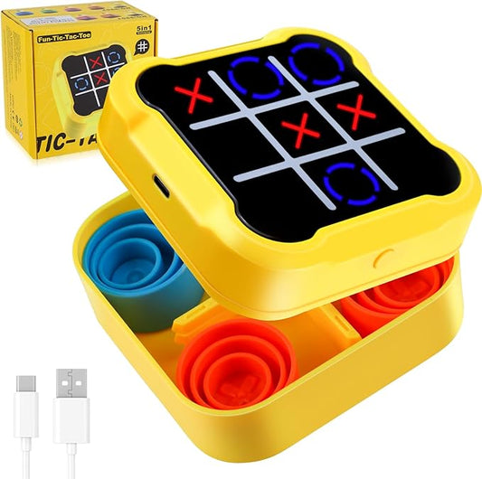 Tick-Tack-Toe Game 5-in-1 Electronic Handheld Puzzle Console for Adults, Tac Tic Educational Board Game Memory & Brain Modes, Rechargeable Portable Travel Toy, Birthday Present