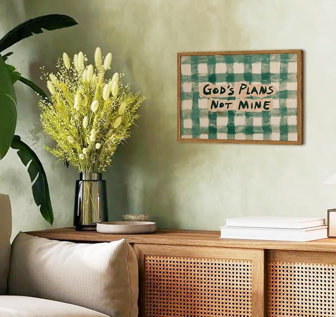 Framed God's Plans Not Mine Canvas Wall Art, Inspirational Faith Quote Pictures Wall Decor, Green Gingham Paintings Prints Christian Home Decor for Living Room Bedroom Dorm Office 16x24 inch