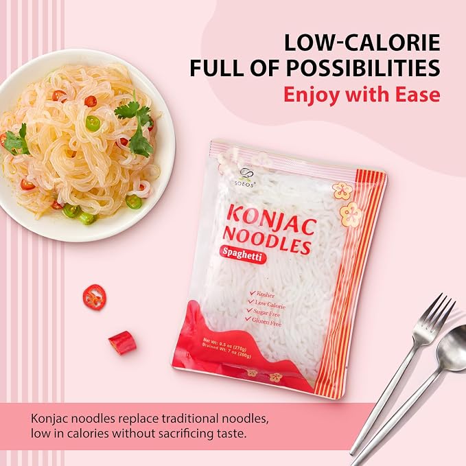 Soeos Organic Konjac Noodles, Spaghetti, 9.5oz (270g), 6 Packs, Kosher, Sugar Free, Gluten Free, Low Calorie, Low Carb Pasta, Shirataki Noodle