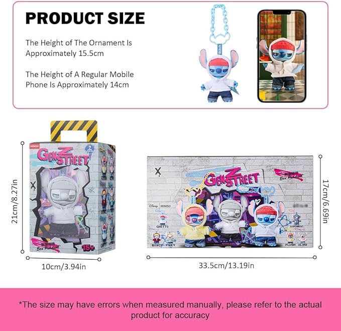 MINISO Disney Stitch GenZ Street Collection Vinyl Plush Pendant Surprise Box Figure Model Random Design Blind Box Toy Collectible Toy for Home Decor Birthday Gifts (Random One Figure)