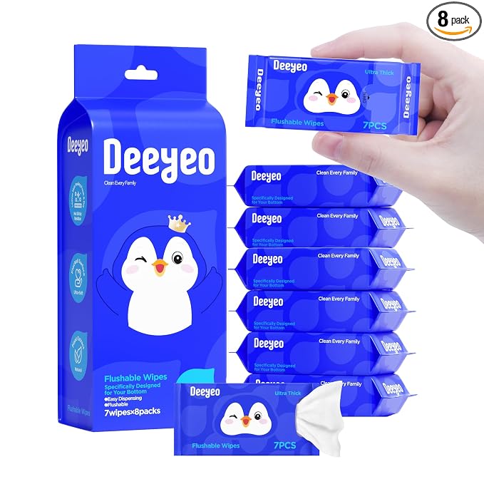 Deeyeo On-the-Go Flushable Butt Wipes, 56 Count (8 Packs of 7) | 99% EDI Purified Water Wipes for Sensitive Skin, Septic and Sewer Safe,Travel Essentials for Adults & Kids