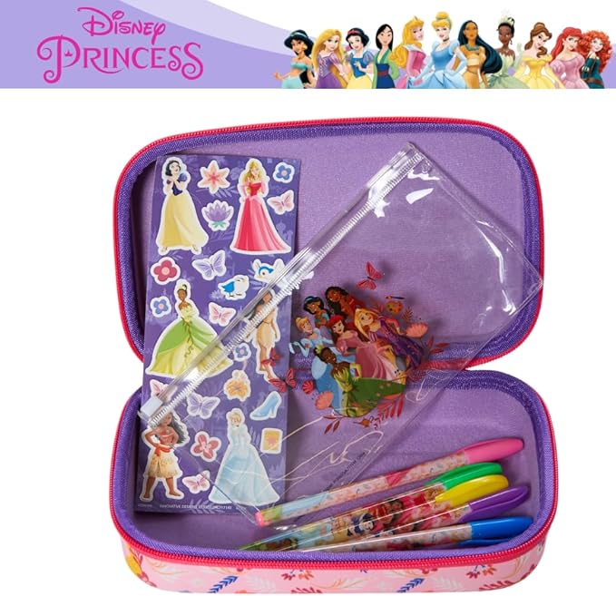 Innovative Designs Disney Princess Pencil Case Set with Stickers and Gel Pens for Kids, Molded with Zip Closure
