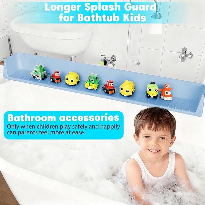 Extra Long White Bathtub Splash Guard Splash Guard Silicone Toy Shelf Holder Prevent Water Spills Kid Bath Tub Accessories (2.6FT, Blue)