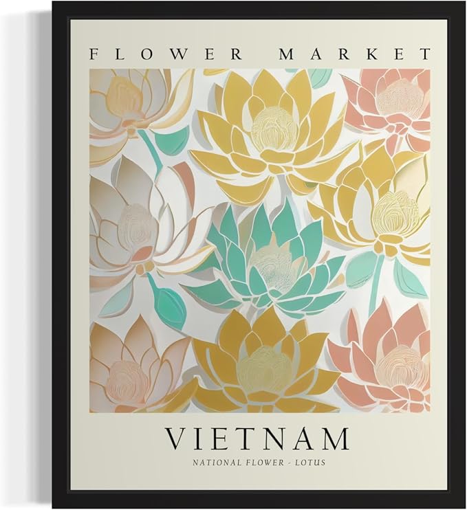 Vietnam, Lotus Art Print Poster, Flower Market Wall Art, Floral Artwork Decor for Bedroom, Kitchen, Bathroom, Livingroom Decoration 52 (Vietnam, Lotus, 10"L x 8"W, Black Frame)