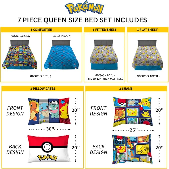 Pokémon Pikachu Queen Size Bedding Set – Kids Bedding Super Soft Cozy Reversible Comforter and Sheet Set with Sham, 7 Piece Queen Size, (Officially Licensed Product) by Franco