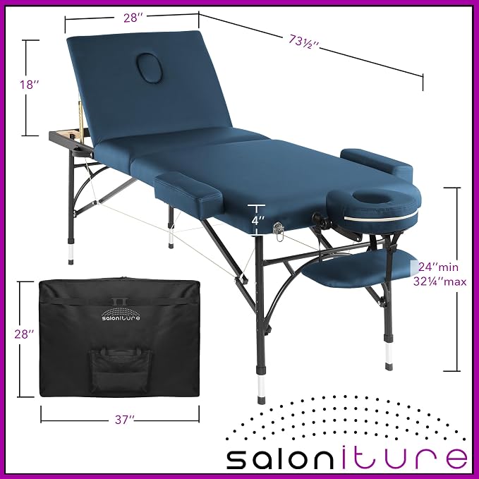 Saloniture Professional Portable Lightweight Tri-Fold Massage Table with Aluminum Legs - Includes Headrest, Face Cradle, Armrests and Carrying Case, Blue