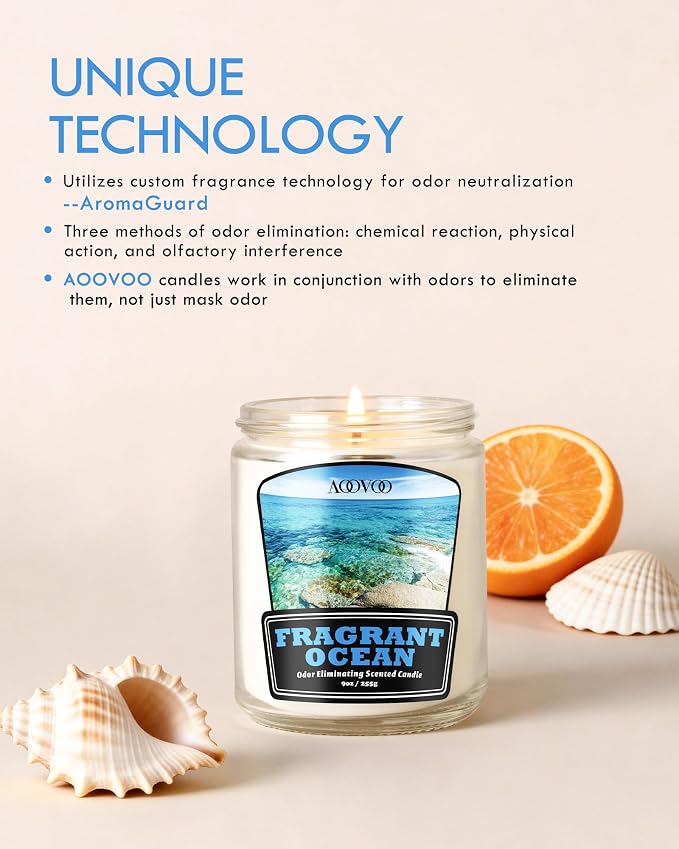 AOOVOO Ocean 2 Pack Odor Eliminating Candle - Up to 100 Hours Burn time, Eliminates 95% of Pet, Smoke, Food, and Other Smells Quickly, 18 oz Non Toxic Highly Fragranced Air Freshing Soy Candle