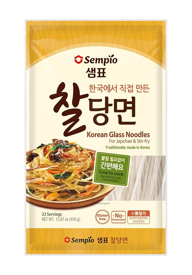Sempio Glass Noodles, Dangmyun, Gluten-Free, 15.08 oz / 450 g | Sweet Potato Vermicelli, Ideal for Korean Food, Japchae, Galbitang, Good Carbs, Fat-Free, Pasta Alternative