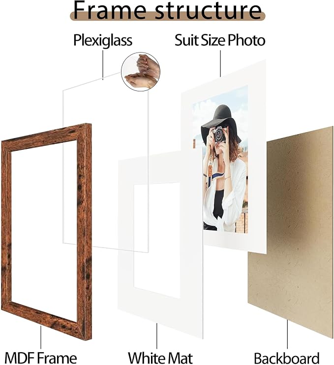 Picrit 12x16 Picture Frame Set of 12, Display 8.5x11 with Mat or 12x16 without Mat, Photo Frames for Wall Mounting Display, Brown
