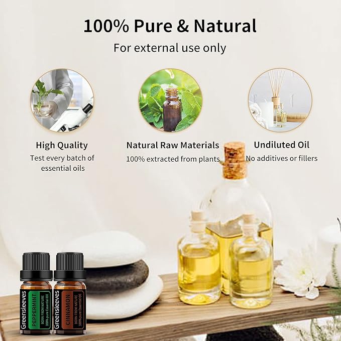 GREENSLEEVES Cinnamon Peppermint Essential Oil Set, 2 x 10ml Pure Plant-Based Fragrance Oil for Aromatherapy, Essential Oils for Diffuser, Massage, Bath Bomb, Scented Candle Soap Making