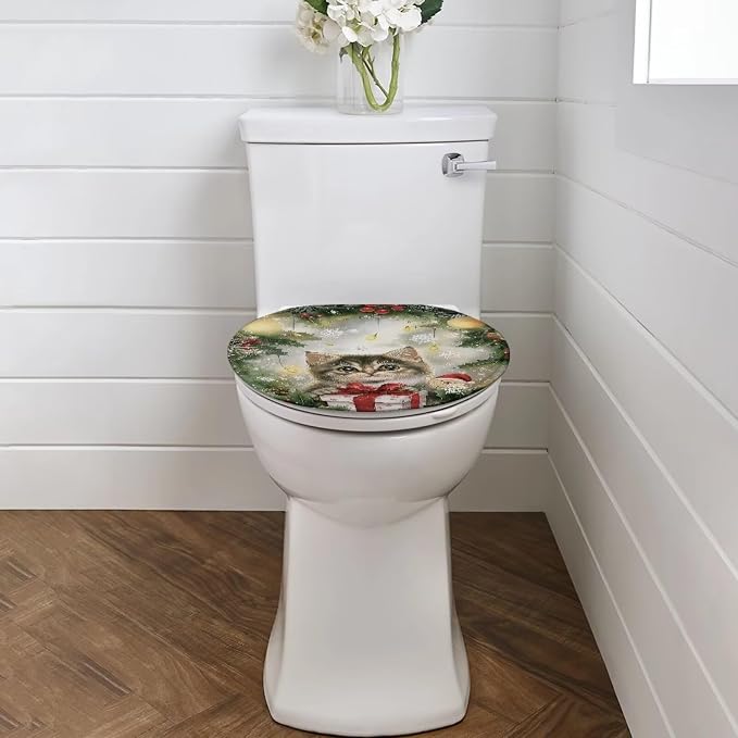 Christmas Cat Fuzzy Toilet Seat Cover for Xmas Decor Bathroom Accessory Soft Toilet Tank Cover for Trip Dustproof Motorhome Bathroom Accessory Universal Fit Oval