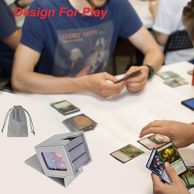 AFIING MTG Deck Box for Commander Display,Card Deck Box Fits 100 Double Sleeved Cards, Magic Commander TCG Card Storage Box with 2 Dividers,Drawstring Bag and 1 Toploader(Silver/grey)